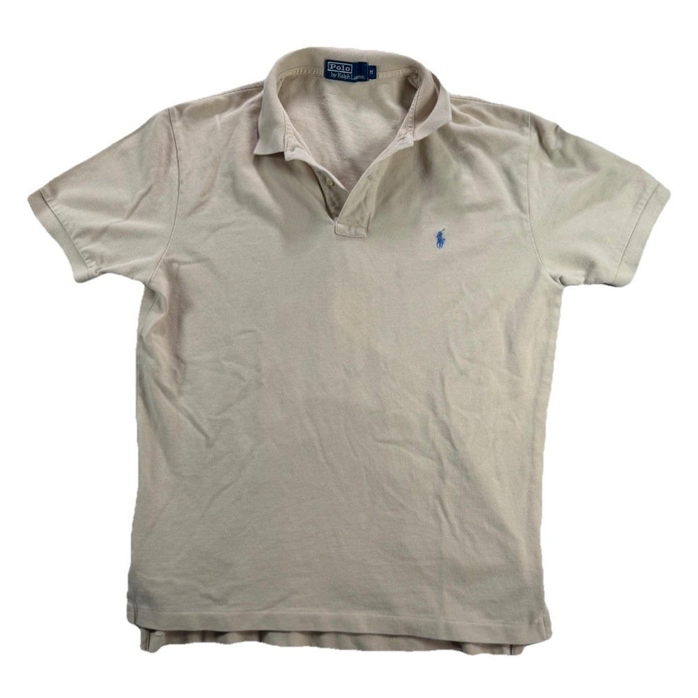 VINTAGE Polo Ralph Lauren Polo Shirt Men M Beige Cotton Pony Logo Golf Preppy